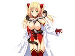  1girl animal anki_renjoku:_owaranai_seiki_no_tettsui areolae between_breasts blonde_hair blush breasts cape elbow_gloves game_cg gloves green_eyes large_breasts long_hair looking_at_viewer namonashi nipples no_bra no_panties simple_background smile snake solo standing 