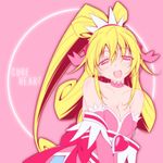  adapted_costume aida_mana bare_shoulders blonde_hair bow breast_squeeze breasts character_name choker cleavage cure_heart dokidoki!_precure hair_ornament half_updo heart kikuchi_tsutomu large_breasts long_hair looking_at_viewer open_mouth pink_background pink_eyes pink_ribbon pink_sleeves precure ribbon seductive_smile simple_background smile solo 