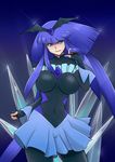  bad_end_beauty bad_end_precure bakusai black_bodysuit blue blue_background blue_eyes blue_hair blue_skirt bodysuit breasts covered_navel fingerless_gloves gloves ice large_breasts long_hair precure sidelocks skirt smile smile_precure! solo tiara 