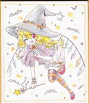  alternate_costume bat baton blonde_hair capelet fang flandre_scarlet hat looking_at_viewer maru_usagi one_eye_closed open_mouth pink_eyes shikishi shirt side_ponytail skirt smile solo star striped striped_legwear thighhighs touhou traditional_media wings witch_hat wrist_cuffs zettai_ryouiki 