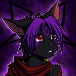  black_fur cloak clothing demon ears_back feline female fur hair mammal pink_nose purple_fur purple_hair ratte red_eyes solo yagarai 
