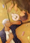  ao_(sodalite) archer book casual cat dark_skin dark_skinned_male emiya_kiritsugu fate/stay_night fate_(series) fish grey_eyes kitten multiple_boys sleeping stick time_paradox white_hair 