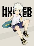  1boy child copyright_name hunter_x_hunter killua_zoldyck looking_at_viewer male male_focus simple_background sitting skateboard solo white_hair 
