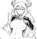  bottomless breasts breasts_outside curly_hair demon_girl demon_horns elbow_gloves gloves greyscale horns large_breasts light_smile long_hair maou_beluzel monochrome nipples out-of-frame_censoring pubic_hair solo spread_legs tsukudani_(coke-buta) very_long_hair yuusha_to_maou 