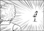  afro black_border border choufu_shimin comic confrontation cookie_clicker emphasis_lines grandma_(cookie_clicker) greyscale kantai_collection monochrome multiple_girls naka_(kantai_collection) simple_background standing upper_body white_background 