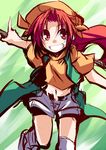  beret grin hat hemogurobin_a1c looking_at_viewer orange_(touhou) red_eyes red_hair shirt shorts smile solo t-shirt touhou touhou_(pc-98) 