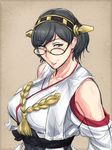  bare_shoulders black_beat black_hair breasts collarbone detached_sleeves glasses grey_eyes hairband japanese_clothes kantai_collection kirishima_(kantai_collection) large_breasts short_hair sketch smile solo 