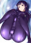  1girl aabitan absurdres ass blush bodysuit breasts cameltoe embarrassed highres legs legs_up long_hair looking_down lying purple_eyes purple_hair simple_background skin_tight solo thighs 