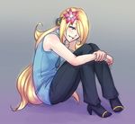  alternate_costume blonde_hair blue_eyes blush flower hair_flower hair_ornament hair_over_one_eye high_heels knees_to_chest leg_hug long_hair monorus necktie pants pokemon pokemon_(game) pokemon_dppt shirona_(pokemon) sitting sleeveless smile solo 