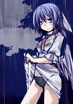  black_bra black_panties blue_eyes blue_hair bra hair_ribbon hemogurobin_a1c mai_(touhou) panties rain ribbon see-through short_hair solo squiggle touhou touhou_(pc-98) underwear wet wings 