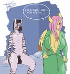  anthro anthrofied balls bed big_breasts black_penis blush breasts cleavage clothed clothing equine female flaccid fluttershy_(mlp) freckles_(artist) friendship_is_magic hair horse huge_breasts invalid_tag male mammal my_little_pony open_mouth penis pink_hair pony rejected robe text tiny_penis wings zebra 