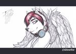  dj dj_kiba emo_hair feathered feathers fur glowfox hair headphones invalid_color mammal pink_eyes plain_background profile red_hair smile stanton traditional_media white_feathers white_fur wings 