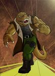  anthro belt biceps big_muscles boots brown_skin claws clothing coat dinosaur extreme_dinosaurs fangs footwear jacket male muscles open_mouth pants pecs pose reptile ridleydupree scales scalie shirt shoes solo standing t-bone_(extreme_dinosaurs) teeth theropod toned tongue tyrannosaurus_rex vein vest 