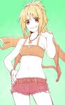  bandeau blonde_hair denim denim_shorts fate/apocrypha fate_(series) grin jacket jacket_removed long_hair midriff mordred_(fate) mordred_(fate)_(all) navel ponytail ruchi shorts smile solo 