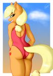  anthro anthrofied applejack_(mlp) blonde_hair butt camel_toe clothing cutie_mark equine female friendship_is_magic fur green_eyes hair hi_res horse long_hair looking_at_viewer looking_back mammal my_little_pony one-piece_swimsuit orange_fur outside pony ponytail skipsy smile solo swimsuit 