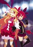 ;d black_gloves black_legwear blonde_hair demon_tail disgaea disgaea_d2 dress earrings etna fang flonne flonne_(fallen_angel) gloves hair_ribbon harada_takehito idol jewelry long_hair microphone multiple_girls navel official_art one_eye_closed open_mouth pleated_skirt pointy_ears red_eyes red_hair ribbon skirt smile tail thighhighs twintails v-shaped_eyebrows very_long_hair white_gloves 