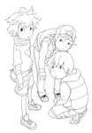  3boys blush child genda hat heart kneeling male male_focus monochrome multiple_boys short_hair standing 