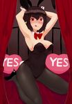  1girl :d :q animal_ears armpits arms_up artist_request awa_(3anco00) bed black_hair blush bow bowtie breasts bunny_ears bunny_girl bunny_tail bunnysuit detached_collar fake_animal_ears female high_heels looking_at_viewer pantyhose pillow red_eyes shameimaru_aya short_hair sitting solo tail tongue tongue_out touhou wrist_cuffs yes-no_pillow 