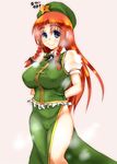  arms_behind_back blue_eyes blush braid breasts breath cameltoe hat hong_meiling large_breasts long_hair mabuchoco_m no_panties red_hair smile solo star touhou twin_braids 