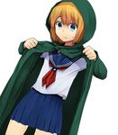  armin_arlert blonde_hair blue_eyes cloak crossdressing hood hooded_cloak male_focus marimo_danshaku otoko_no_ko school_uniform serafuku shingeki_no_kyojin skirt solo sweat 