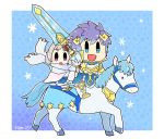  1girl arm_up armor artist_name blue_eyes blue_hair brother_and_sister cape chibi commentary_request fire_emblem fire_emblem_heroes flyer_27 gloves gradient_hair hair_ornament holding holding_sword holding_weapon horse horseback_riding hrid_(fire_emblem_heroes) multicolored_hair open_mouth purple_eyes riding scarf short_hair siblings silver_hair snowflakes sword weapon white_hair ylgr_(fire_emblem_heroes) 