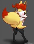  ambiguous_gender barefoot black_fur blush braixen butt canine fennec fox fur grey_background mammal nintendo ohmuu orange_nose plain_background pok&#233;mon pok&eacute;mon presenting red_eyes solo standing stick video_games 