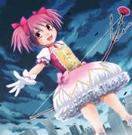  bad_id bad_pixiv_id birman_h blush bow bow_(weapon) bubble_skirt cloud gloves hair_bow kaname_madoka kneehighs magical_girl mahou_shoujo_madoka_magica open_mouth outstretched_arm pink_eyes pink_hair short_hair short_twintails skirt sky smile solo twintails weapon white_gloves white_legwear 
