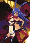  :d arm_around_neck bandeau bangle belt bikini_top black_gloves blue_hair boots bracelet breasts breasts_apart choker demon_girl demon_tail disgaea disgaea_d2 earrings etna fang fingerless_gloves flat_chest front-tie_top gloves groin hand_on_hip harada_takehito jewelry laharl-chan long_hair midriff multiple_girls navel official_art open_mouth pants pointy_ears red_eyes red_hair red_legwear red_scarf scarf short_shorts shorts smile strapless tail thigh_boots thighhighs torn_clothes torn_pants twintails very_long_hair 