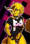  blush clothing collar cyan_eyes feline female fingerless_gloves gloves lynx markiplier pumzie shirt smile solo spiked_collar teasing thong undressing villdyr yellow_fur 