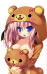  2-g absurdres blue_eyes blush breasts highres ibuki_ren large_breasts long_hair no_bra open_mouth pink_hair smile solo stuffed_animal stuffed_toy teddy_bear zettai_junshu_kozukuri_kyokashou_paradise!! 