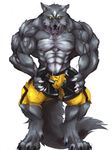  anthro belt biceps big_muscles black_nose canine claws clothed clothing fangs fur gompriest grey_fur half-dressed looking_at_viewer male mammal muscles open_mouth pants pecs plain_background pose shorts solo standing teeth toe_claws toned tongue topless vein were werewolf white_background wolf yellow_eyes 