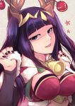 antlers bell black_eyes black_hair breasts commentary_request fire_emblem fire_emblem:_kakusei fire_emblem_heroes fur_trim highres long_hair medium_breasts nail_polish nakabayashi_zun open_mouth reindeer_antlers simple_background solo tharja tiara 