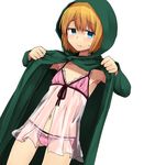  armin_arlert babydoll blonde_hair blue_eyes blush bra cloak crossdressing hood hooded_cloak lingerie male_focus marimo_danshaku otoko_no_ko panties shingeki_no_kyojin side-tie_panties simple_background solo underwear white_background 