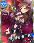  artist_request bat_wings boots breasts brown_eyes brown_hair candle card_(medium) chair character_name cleavage demon_tail diamond_(symbol) earrings high_heels idolmaster idolmaster_cinderella_girls jewelry long_hair medium_breasts nitta_minami official_art solo tail thigh_boots thighhighs wings 