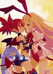  armband ass bangle bare_shoulders black_gloves blonde_hair boots bow bracelet choker covered_navel covering_eyes demon_girl demon_tail demon_wings disgaea disgaea_d2 earrings etna flat_chest flonne flonne_(fallen_angel) gloves hair_ribbon harada_takehito holding_hands imminent_kiss interlocked_fingers jewelry leotard long_hair midriff multiple_girls official_art open_mouth peeking_through_fingers pointy_ears prinny red_eyes red_hair red_legwear red_leotard ribbon short_shorts shorts tail tail_bow thigh_boots thigh_ribbon thighhighs twintails very_long_hair wings yuri 