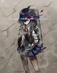  bad_id bad_pixiv_id black_hair blue_eyes canvasdiver_(anjwldj) dust_cloud glowing glowing_eyes hair_over_one_eye hands_in_pockets kill_la_kill matoi_ryuuko multicolored_hair red_hair ribbon school_uniform short_hair skirt solo two-tone_hair 