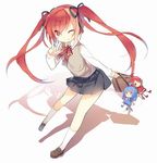  ;) bag blush full_body hair_ribbon highres loafers long_hair long_sleeves looking_at_viewer one_eye_closed original red_eyes red_hair ribbon saru school_bag school_uniform shoes simple_background skirt smile socks solo sweater_vest twintails v white_background white_legwear 