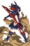  ass black_hair blue_eyes boots breasts butt_crack from_behind kill_la_kill looking_back matoi_ryuuko midriff multicolored_hair oono_tsutomu red_hair scissor_blade senketsu short_hair skirt small_breasts solo suspenders sword thigh_boots thighhighs torn two-tone_hair weapon 