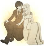  1girl closed_eyes couple dress emiya_kiritsugu fate/zero fate_(series) hetero husband_and_wife irisviel_von_einzbern long_hair monochrome ruchi 