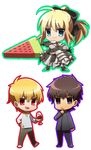  2boys ahoge armor armored_dress artoria_pendragon_(all) blonde_hair brown_eyes brown_hair chibi fate/stay_night fate/unlimited_codes fate/zero fate_(series) food gilgamesh green_eyes kotomine_kirei multiple_boys popsicle red_eyes ruchi saber saber_lily watermelon_bar 