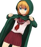  armin_arlert blonde_hair blue_eyes cloak crossdressing hood hooded_cloak male_focus marimo_danshaku otoko_no_ko school_uniform serafuku shingeki_no_kyojin skirt solo sweat 