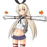  black_eyes blonde_hair directional_arrow elbow_gloves exercise gloves hairband holding holding_panties kantai_collection long_hair miniskirt outstretched_arms panties panties_removed presenting_panties shimakaze_(kantai_collection) shuuji_(shumi) simple_background skirt solo spread_arms striped striped_legwear thighhighs thong underwear white_background 