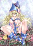  absurdres anus bare_shoulders blonde_hair blush_stickers boots breasts censored dark_magician_girl duel_monster gloves green_eyes hat highres juubaori_mashumaro large_breasts long_hair magic_circle messy_hair miniskirt nipples pointless_censoring pussy skirt solo staff witch_hat yuu-gi-ou 