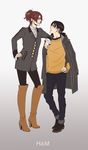  1girl alternate_costume arm_on_shoulder black_hair boots brown_hair coat contemporary fashion fuu_(pixiv502572) glasses hange_zoe height_difference levi_(shingeki_no_kyojin) ponytail shingeki_no_kyojin smile sweater 