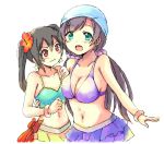  2girls aqua_bikini_top aqua_eyes asymmetrical_docking bikini bikini_skirt bikini_top black_hair bracelet breast_envy breast_press breasts collarbone cowboy_shot earrings flower hair_between_eyes hair_flower hair_ornament hat jewelry large_breasts long_hair looking_at_viewer love_live! love_live!_school_idol_project multiple_girls navel open_mouth purple_bikini_top red_eyes simple_background skirt small_breasts star star_earrings swimsuit toujou_nozomi twintails white_background yazawa_nico yuni_(manyutin) 