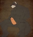  anthro balls biceps big_muscles black_nose canine chest_tuft claws dazen_cobalt erection eyes_closed fur grey_fur grin humanoid_penis male mammal muscles nude pecs penis plain_background pose presenting scar sheath sitting smile solo tuft wolf 