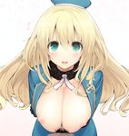  1girl aqua_eyes atago_(kantai_collection) blonde_hair blush breasts hat hetero huge_breasts k_g kantai_collection long_hair looking_at_viewer male_pubic_hair military military_uniform nipples open_clothes open_shirt paizuri penis pubic_hair shirt smile solo_focus uniform 