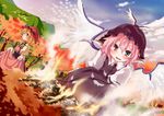  aki_minoriko amagase_lyle autumn autumn_leaves bird_wings black_eyes blonde_hair drooling hat multiple_girls mystia_lorelei pink_hair saliva sunset touhou winged_hat wings yellow_eyes 