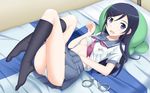  aragaki_ayase areola_slip areolae bed black_legwear blue_eyes blue_hair blush breasts cuffs edogawakid feet hair_ornament hairclip hand_under_clothes handcuffs highres legs long_hair long_legs looking_at_viewer lying no_bra on_bed open_mouth ore_no_imouto_ga_konna_ni_kawaii_wake_ga_nai panties pantyshot pleated_skirt school_uniform serafuku short_sleeves skirt small_breasts socks solo toes underboob underwear white_panties 