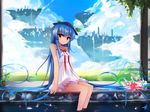  bare_shoulders blue_hair floating_island hat highres hinanawi_tenshi long_hair red_eyes shuizao_(little_child) sitting soaking_feet solo touhou very_long_hair water 